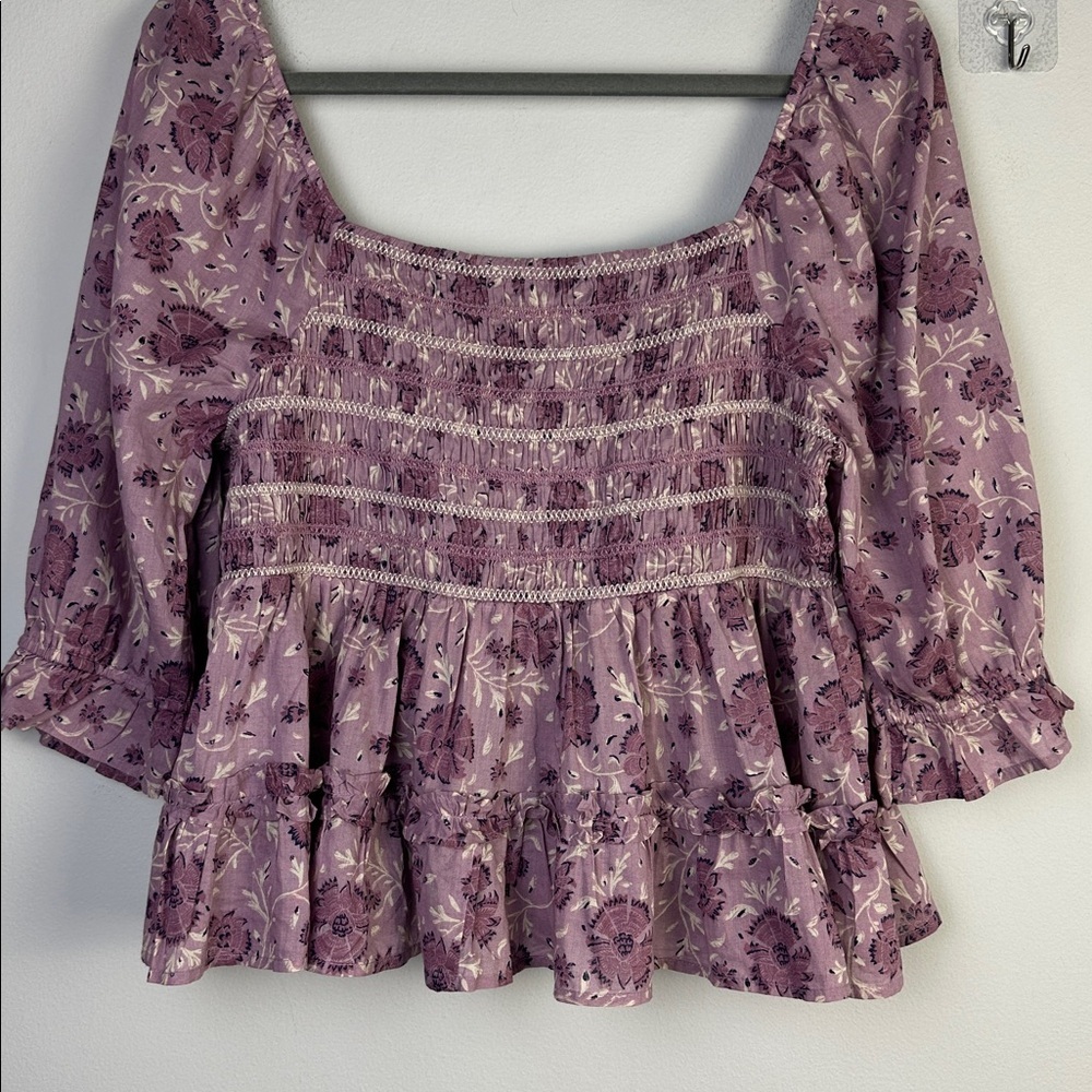 NEW American Eagle Smocked Peplum Purple Floral Ruffle Top Square Neck Large NWT - Picture 12 of 16